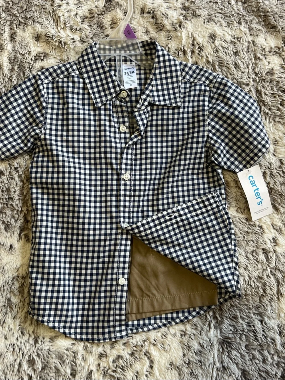 Carters toddler boys 2 piece gingham button down shirt & khaki shorts set 3T NWT